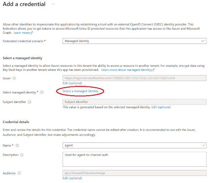 Screenshot of the Add Federated Credential dialog with managed identity configuration options.
