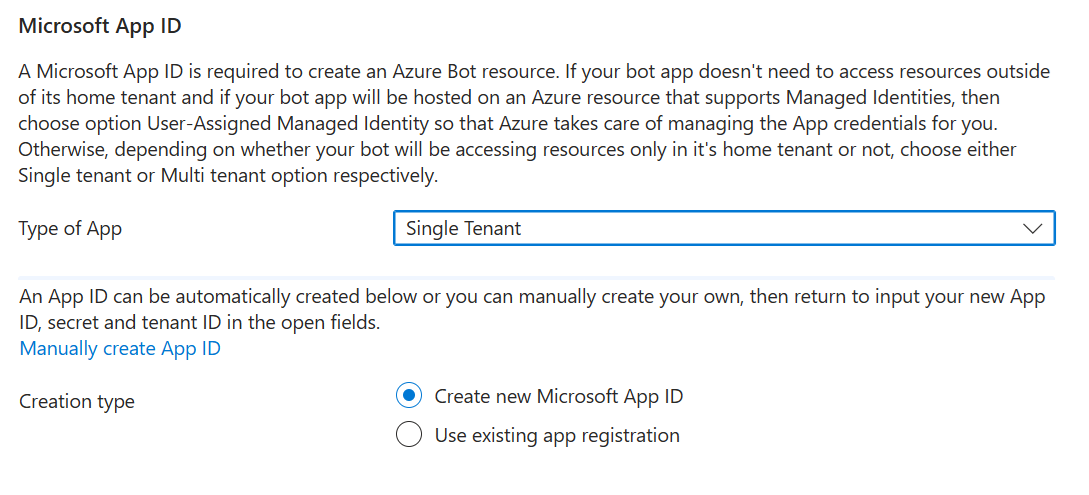 Screenshot of the Azure Bot Microsoft App ID configuration section with identity management options.