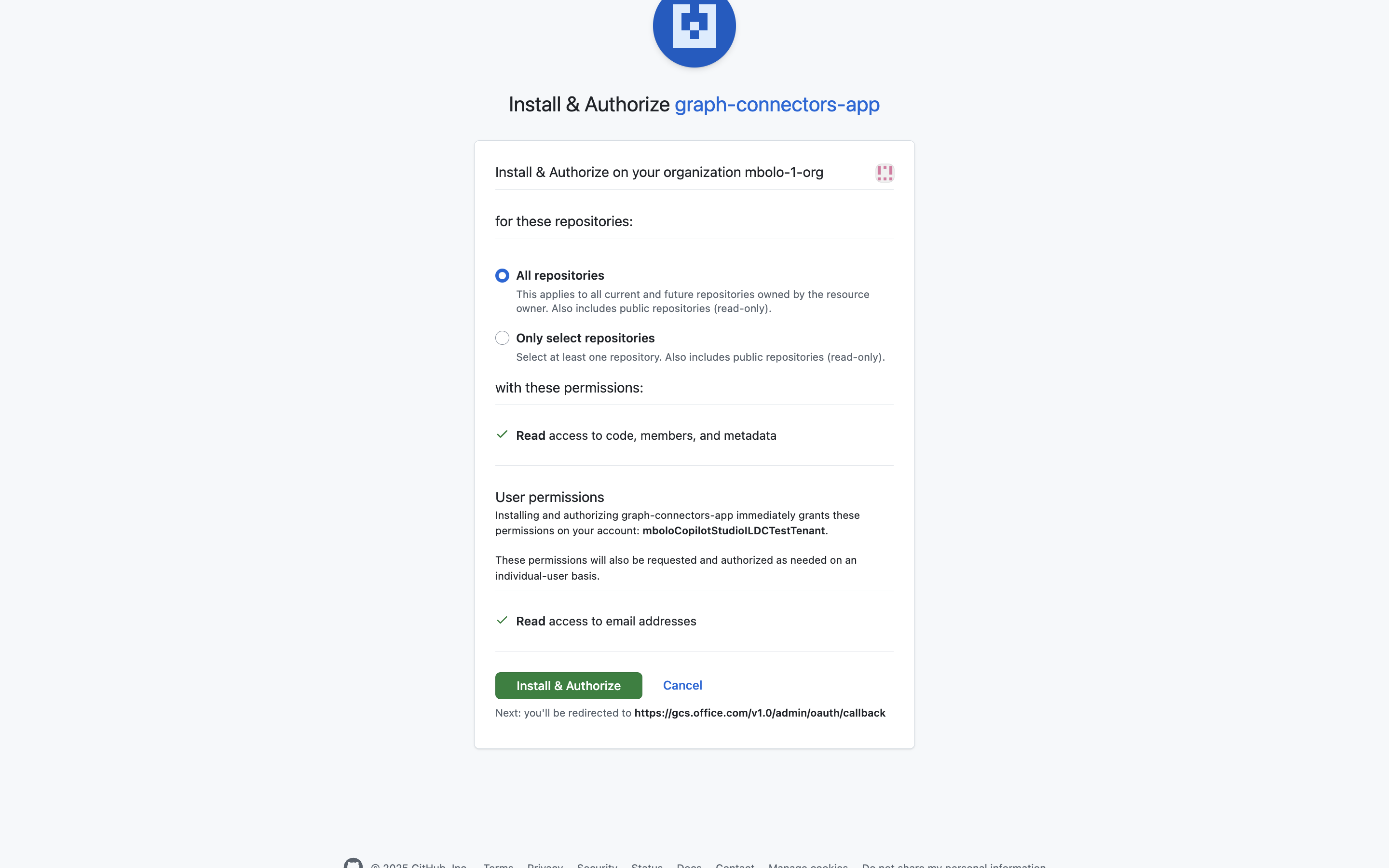 Screenshot of GitHub App installation page showing organization selection.