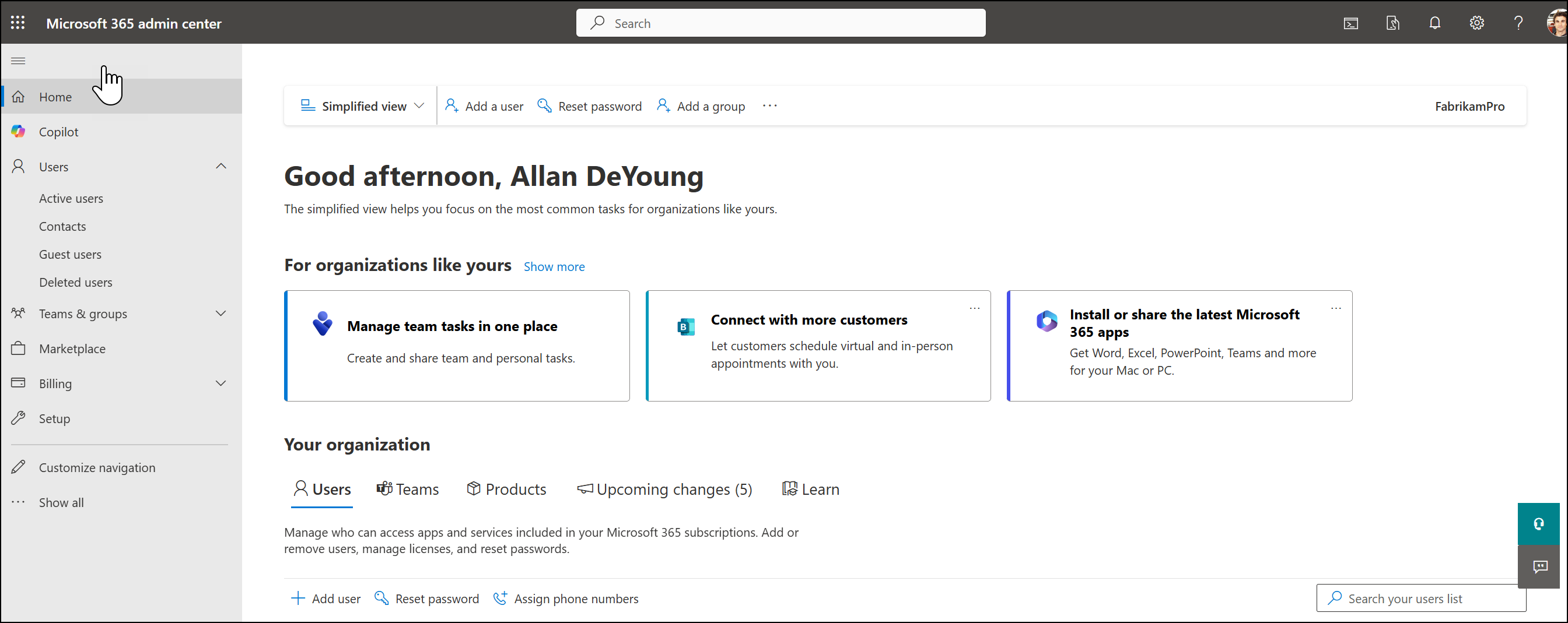 Screenshot: Simplified admin center view