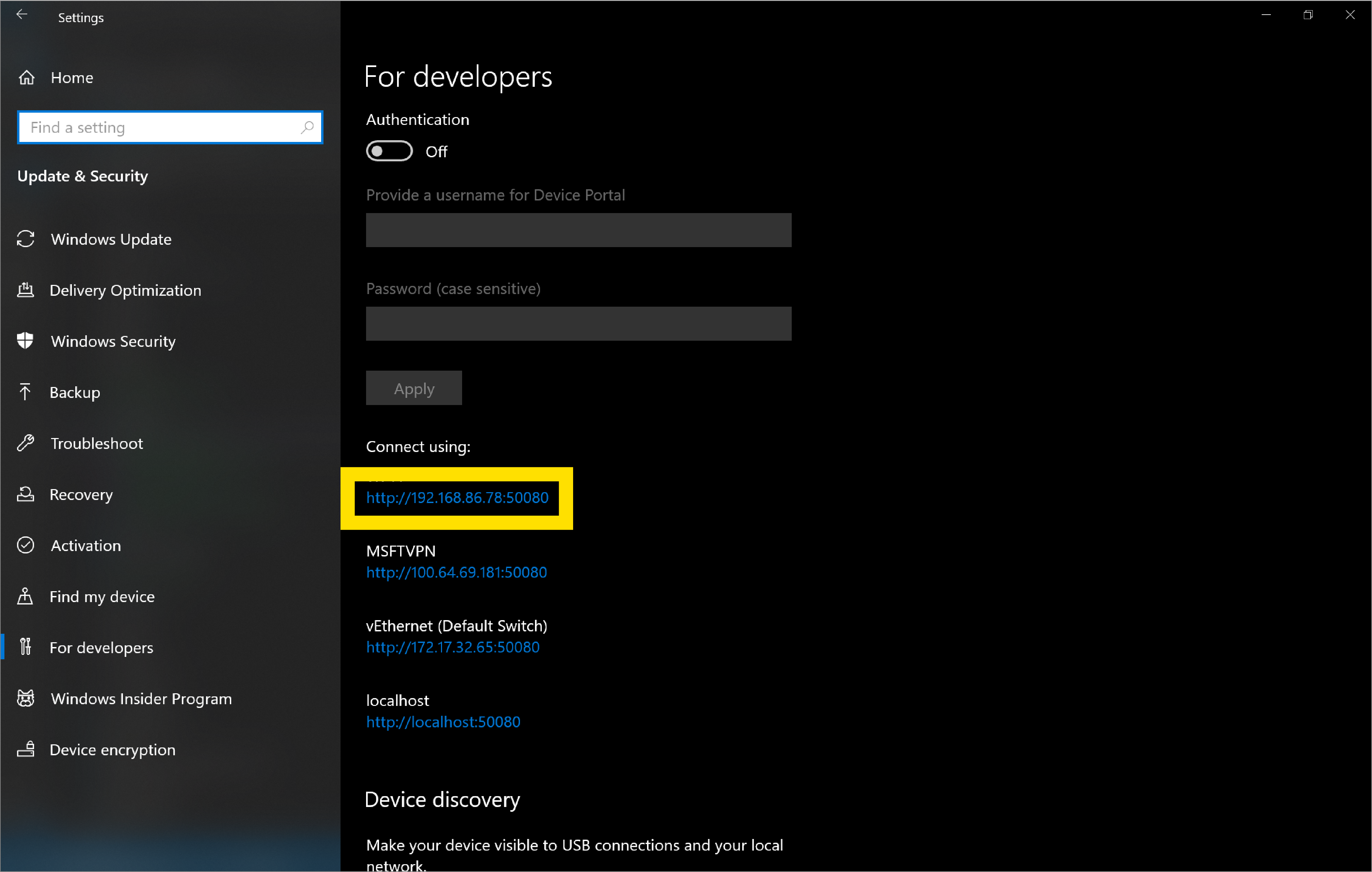 Note the IP address and connection port in the Settings