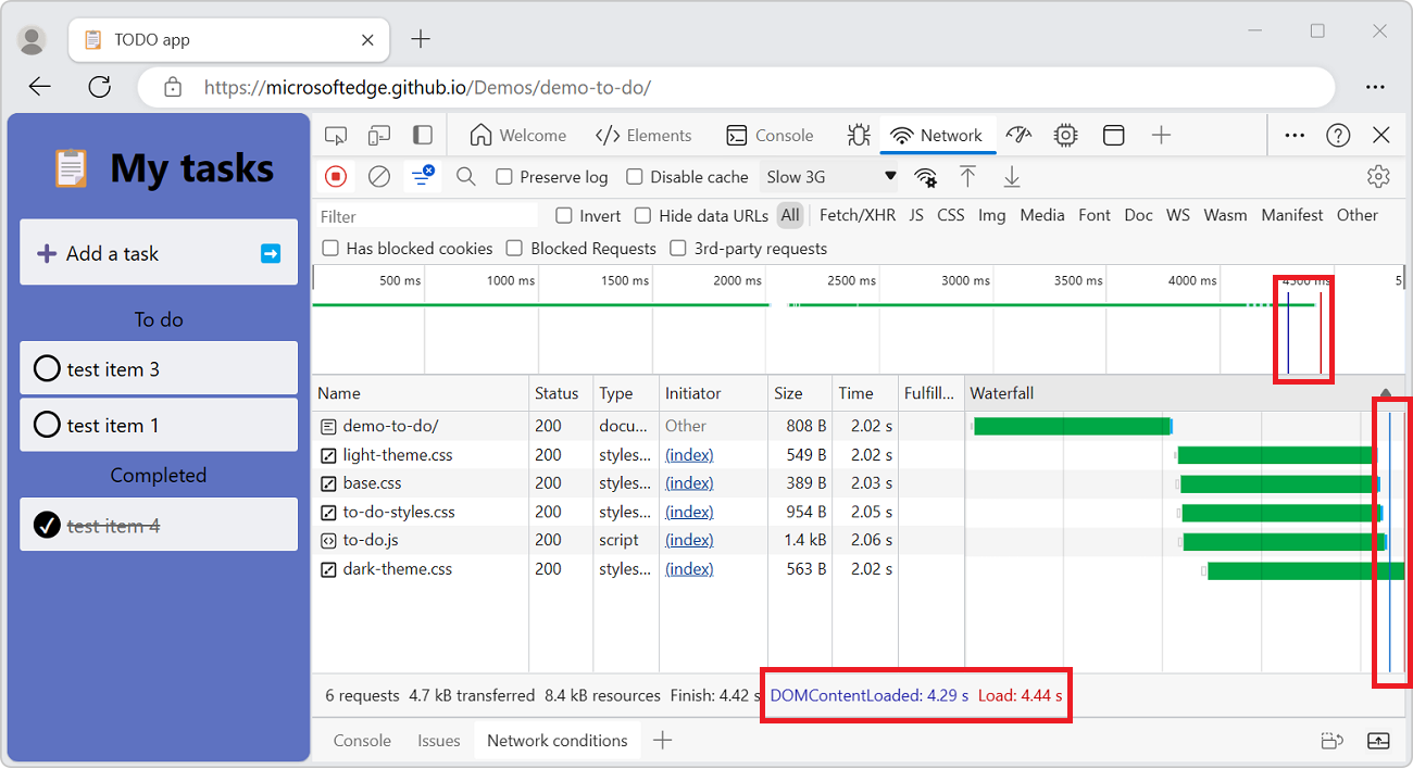 The locations of the DOMContentLoaded and load events on the Network tool