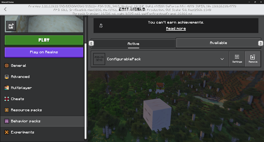 Out of game pack menu, listing the configurable pack with a settings button