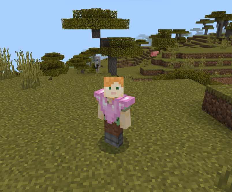 Image of Minecraft Alex in her beautiful custom untrimmed pink chestplate.