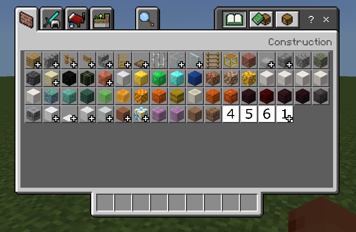 Image of the construction tab, like a player would find in creative mode.