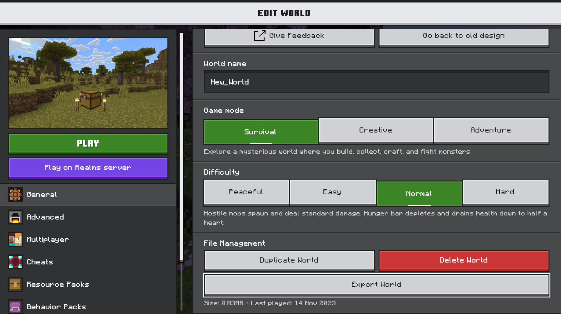 Edit World screen with the General tab selected, Export World button is visible under the File Management header.