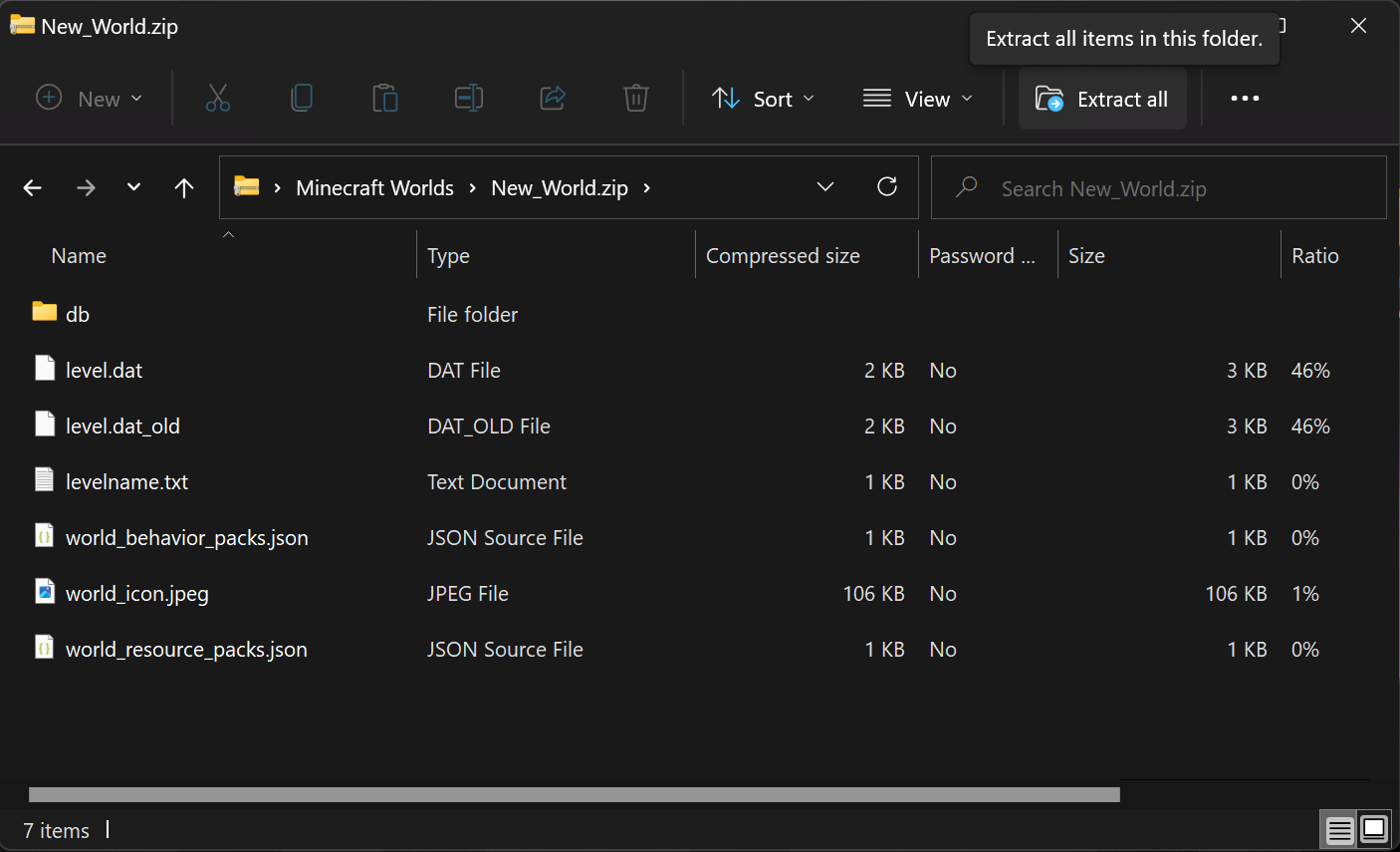 Contents of the New_World.zip folder before they are unzipped/extracted