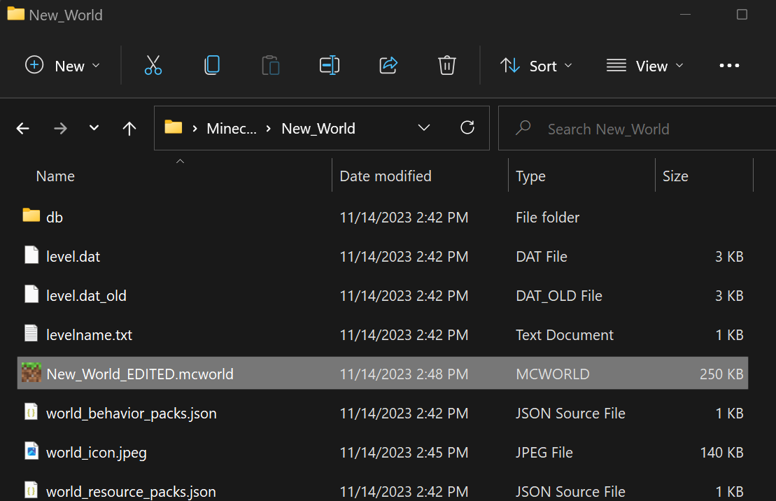 Image of the New_World_EDITED.mcworld file displayed with the Minecraft icon.