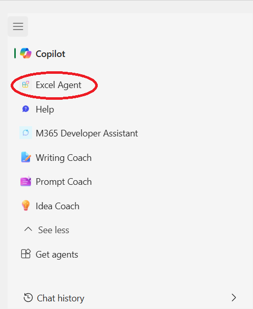 A screenshot of the agent list in the Copilot pane in an Office application