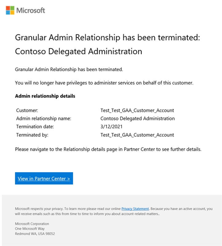 Customer termination confirmation sent to partner.