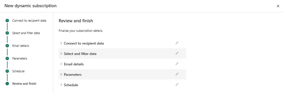 Screenshot showing the Review and finish window in the Power BI service.