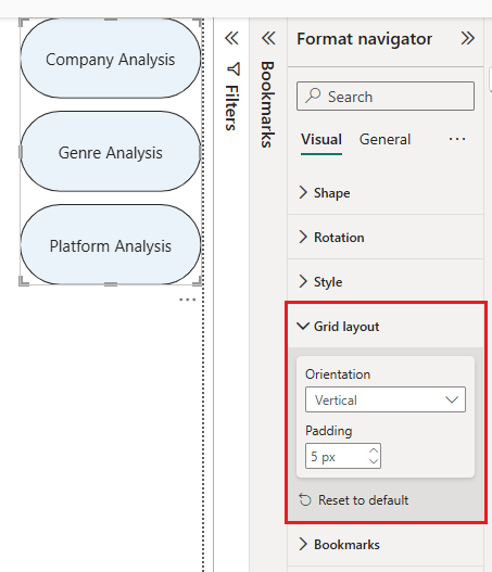 Screenshot of the Format navigator pane in Power BI. The Grid layout settings are highlighted, with controls for orientation and padding.