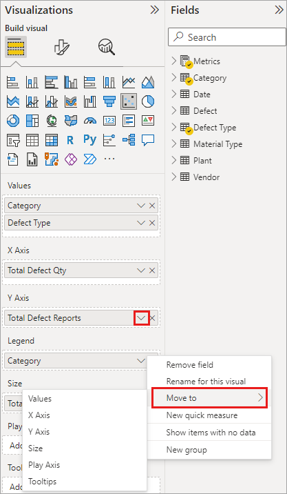 Screenshot of the Visualizations and Fields panes, highlighting the options to move fields.