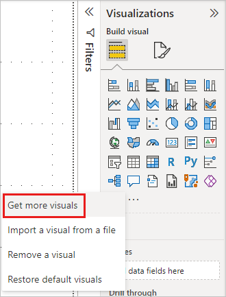 Screenshot showing Get more visuals in More options in the Power BI Visualizations pane.