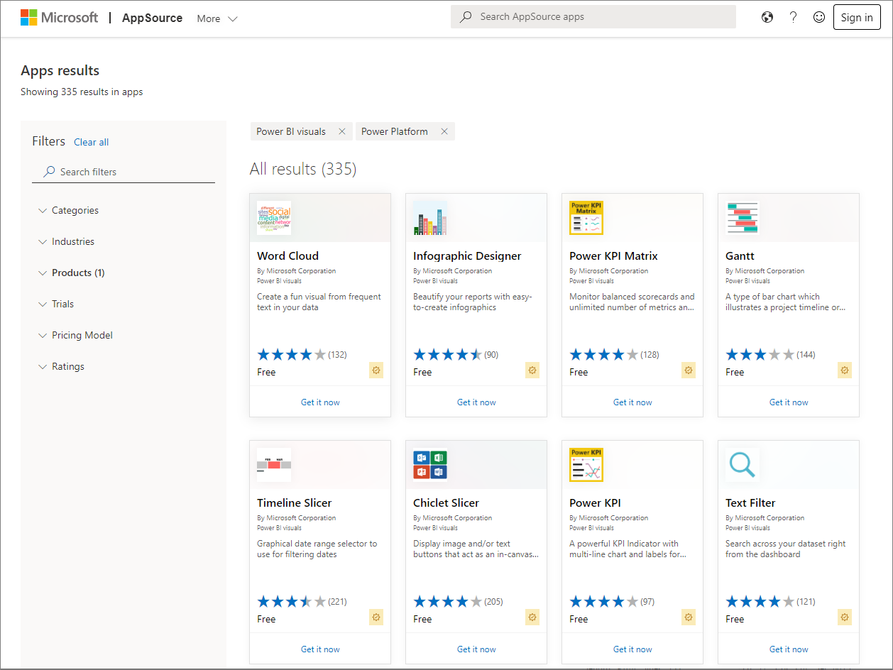 Screenshot of AppSource filtered to Power Platform and Power BI visuals.