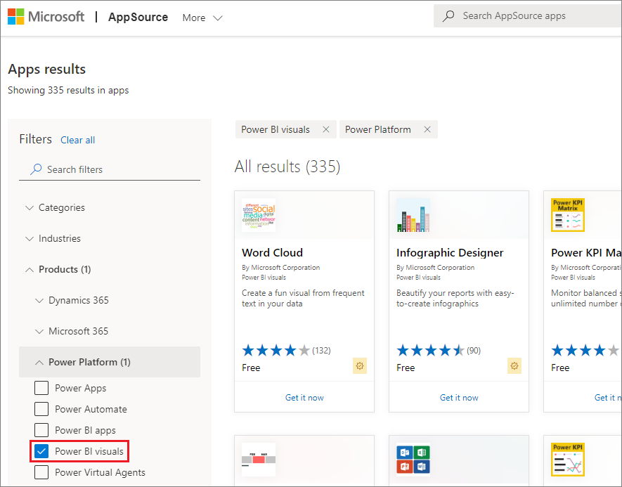 Screenshot of AppSource with Power BI visuals selected in the left pane.