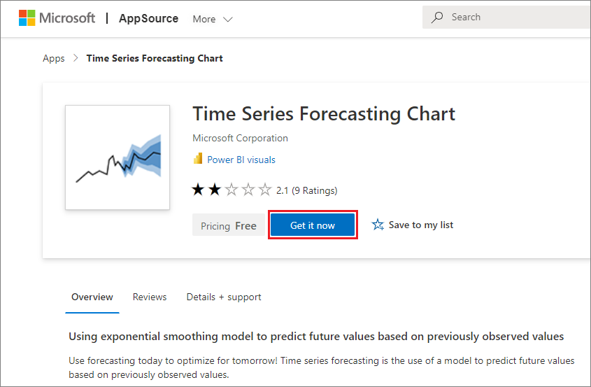 Screenshot showing the Time Series Forecasting Chart Power BI visual in App Source.