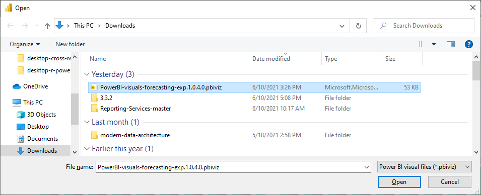 Screenshot showing selection of a Power BI custom visualization file for import.