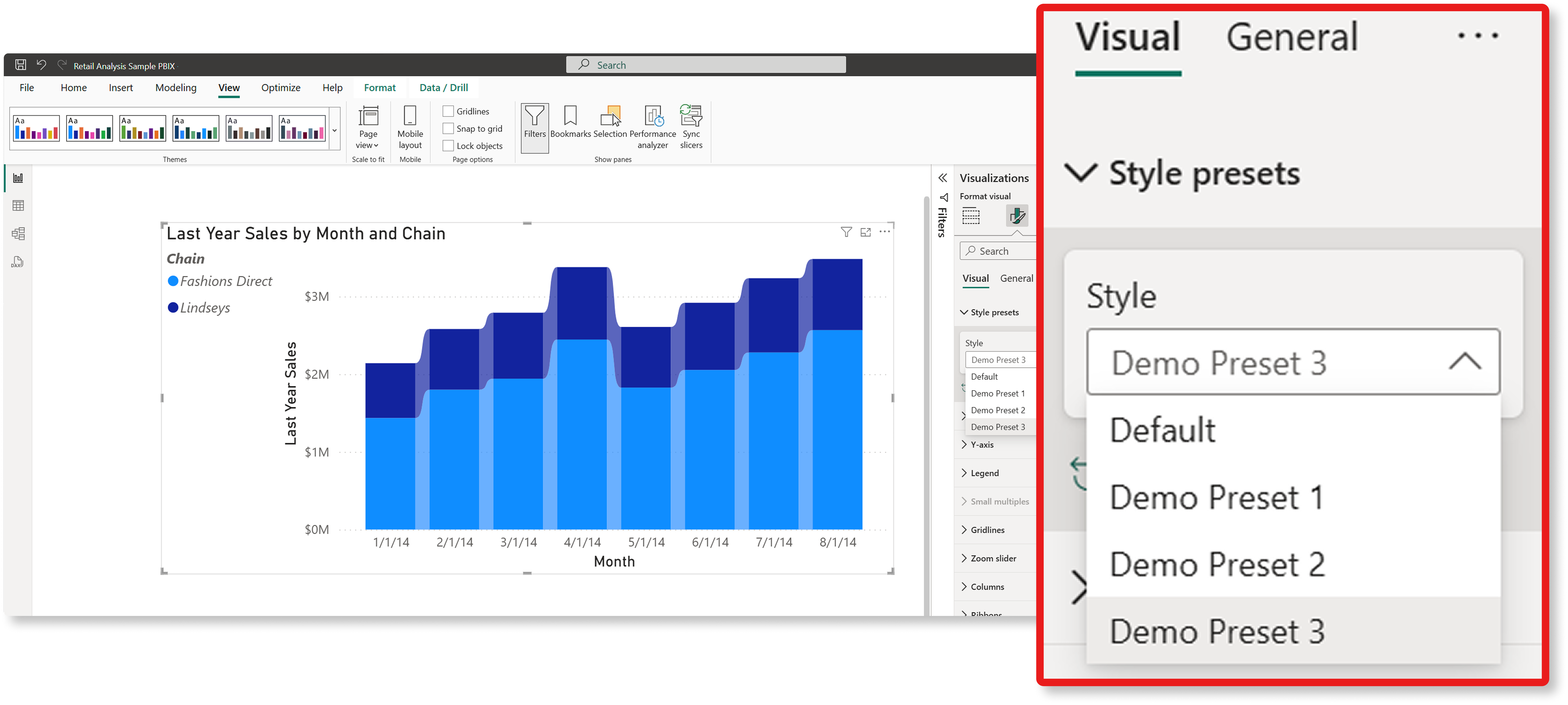 Screenshot displaying a Style presets menu on the Visuals tab of the Format visuals section in the Visualizations pane.