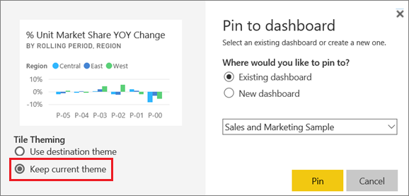 Screenshot of the Pin to dashboard window with the Keep current theme option highlighted.
