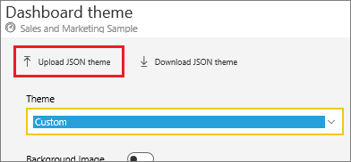 Screenshot of the Dashboard theme window with the Upload JSON theme option highlighted.