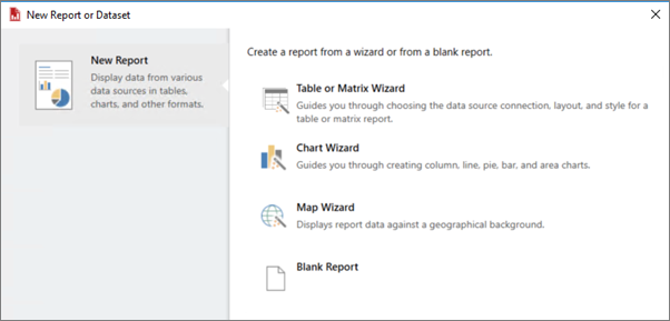 Screenshot of New Report or Dataset screen.
