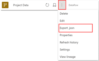 Screenshot of export JSON option for a dataflow.