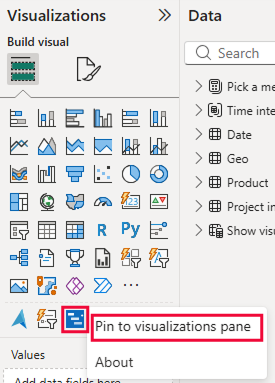 Screenshot of option to pin icon to Visualizations pane.