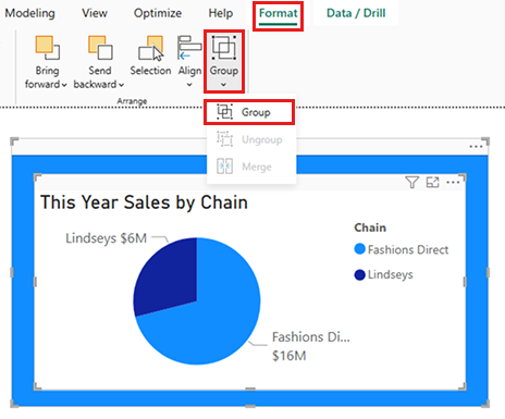 Screenshot showing the visual and shape selected, Group control selected from the Format ribbon and the Group option selected.