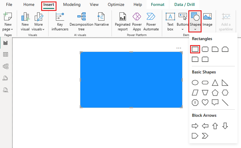 Screenshot of the new report page with a blue rectangle shape.