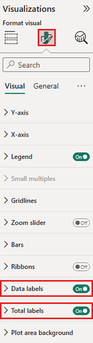 Screenshot showing Total labels switch and Data labels switch set to On.