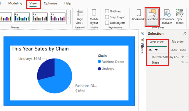 Screenshot showing the View menu with the Selection Pane option toggled to On.