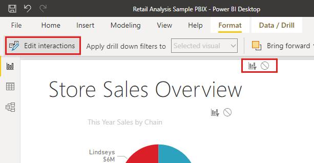 Screenshot of the Edit interactions button in Power BI Desktop.