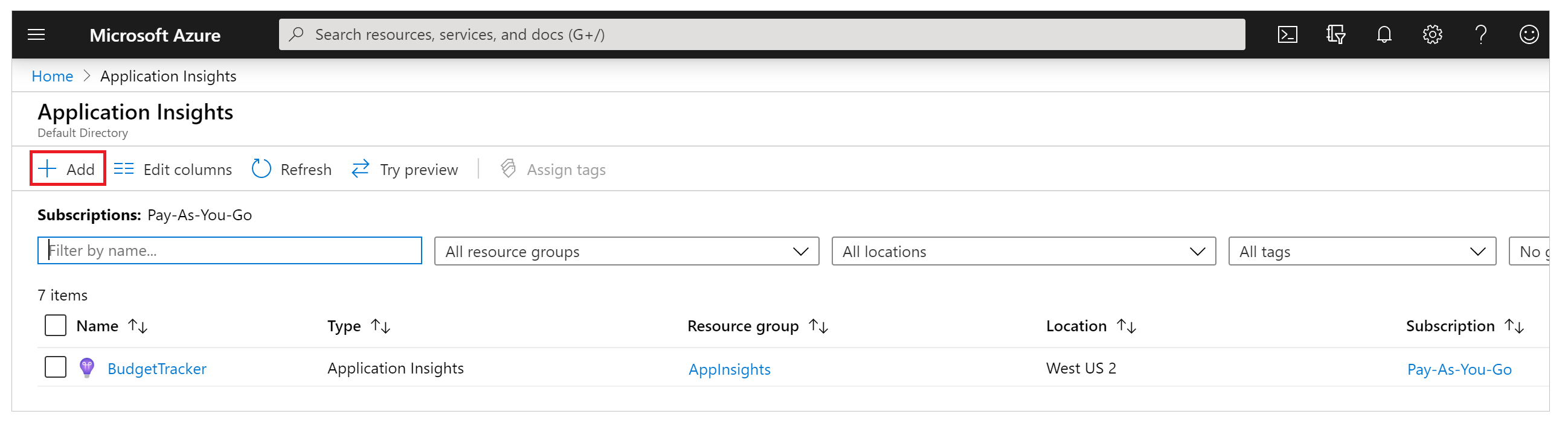 Add an Application Insights resource.