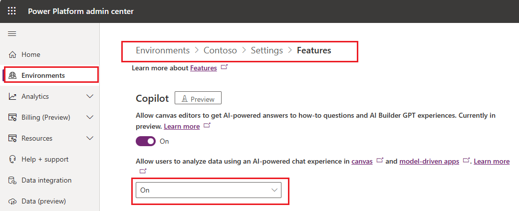 Set Copilot feature ON for the envrironment