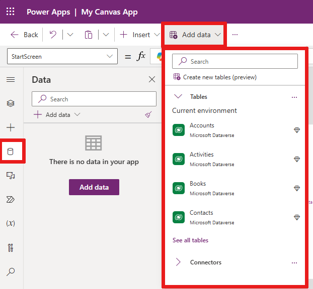 Screenshot that shows how to add data from the Add data dropdown list.