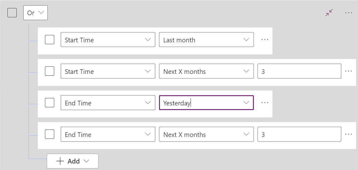 Screenshot that shows multiple filters, based on start and end times, in an OR condition.