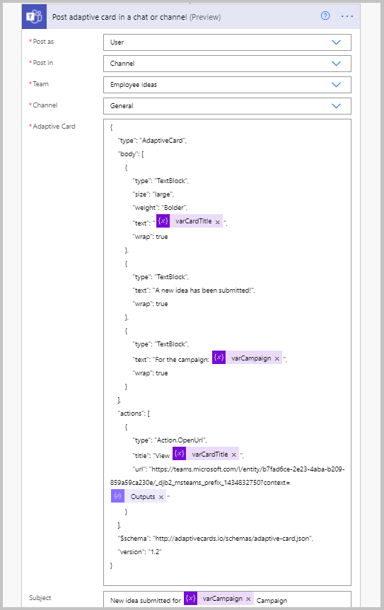 Post adaptive card in Teams step Post adaptive card in Teams step.