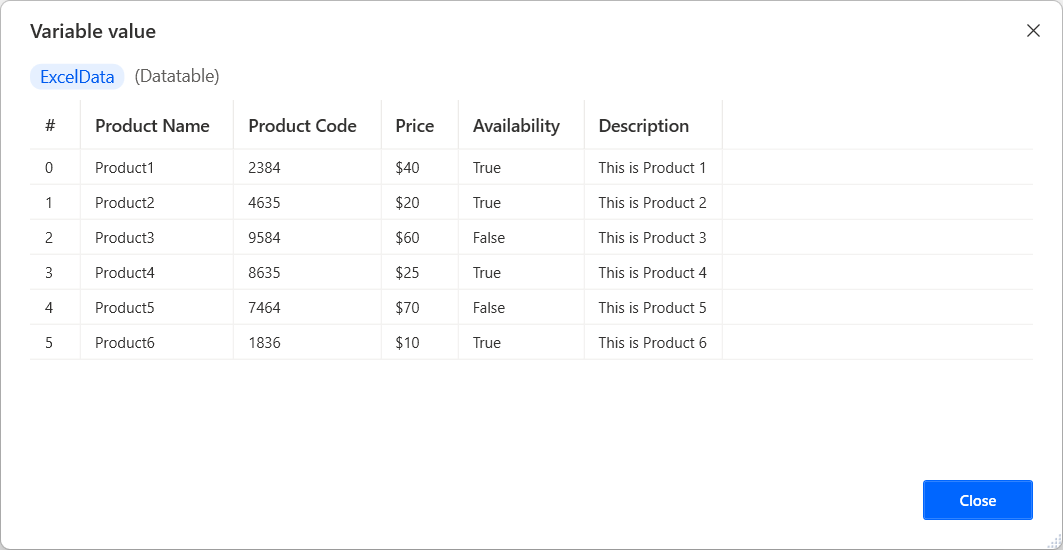 Screenshot of the contents of a datatable variable.