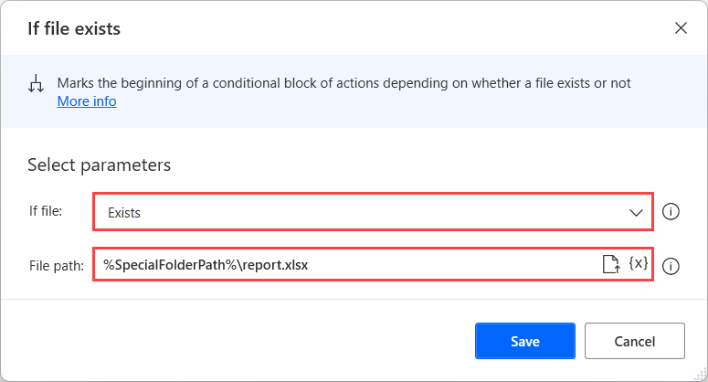 Screenshot of the If file exists action.