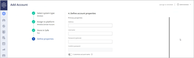 Screenshot of adding an account in CyberArk.