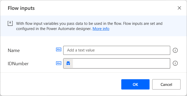 Screenshot of the flow inputs dialog with a sensitive variable.