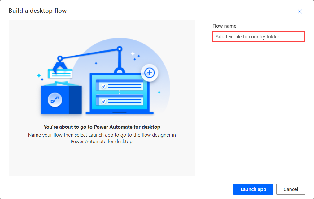 Screenshot of the Build a desktop flow dialog