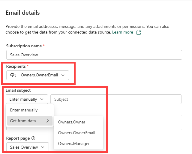 Screenshot of the Power BI service showing dynamic parameter options on the Email details window.