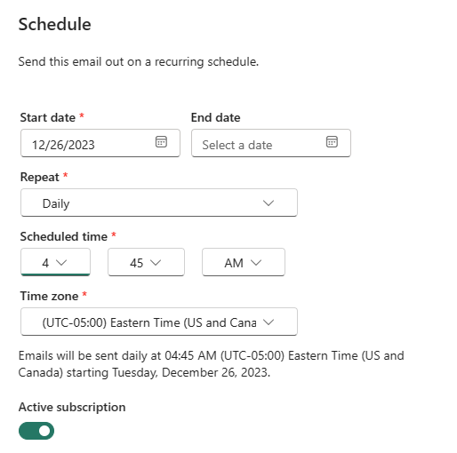 Screenshot of the Power BI service showing the Schedule window.