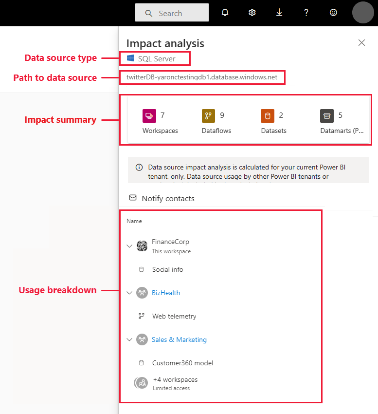 Screenshot showing data source impact analysis side pane.