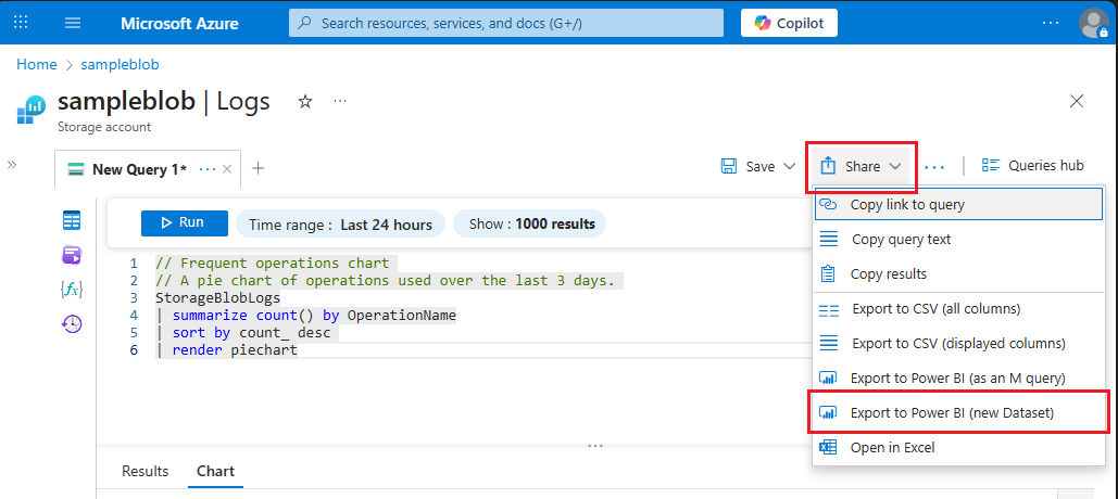 Screenshot showing Export to Power BI option in the Log Analytics Export menu.