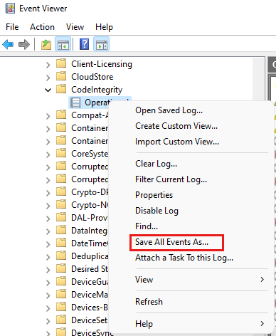 Screenshot of Event viewer showing the context menu with Save All Events As highlighted.