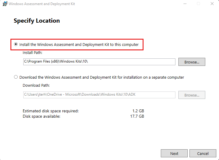 Screenshot of the installer showing Install the Windows Assessment and Development Kit to this computer selected.