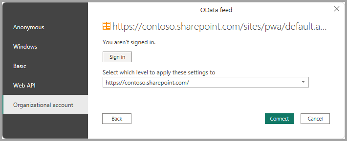 Screenshot of odata feed connection.